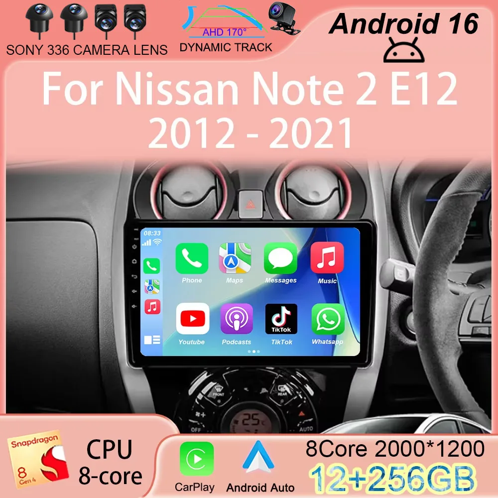 Auto Android 16 For Nissan Note 2 E12 2012 - 2021 Car Radio 2 Din Stereo Multimedia Video Player GPS Navigation Carplay WIFI+4G