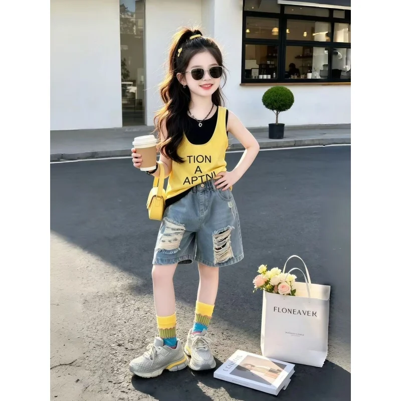 Girls Summer Set Fashionable Children's Layered Vest And Ripped Jeans Two-Piece Suit Kids Clothing Set 5 7 9 11 13 15Y