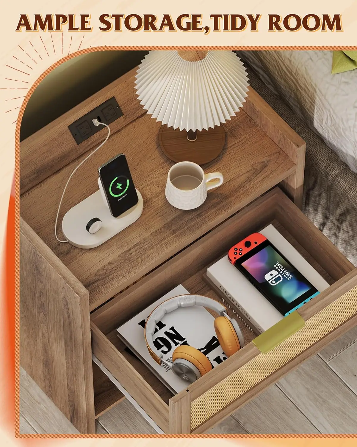 طقم طاولات ليلية من الروطان مكون من 2، طاولة جانبية لسرير بوهو مع محطة شحن ودرج