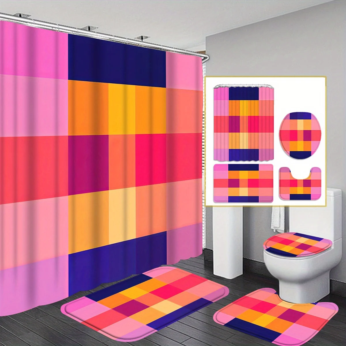

4pcs Creative Grid Shower Curtain Set with 12 Hooks - Shower Curtain, Bath Mat, Toilet Seat Cover And U-Shaped Rug - Machine