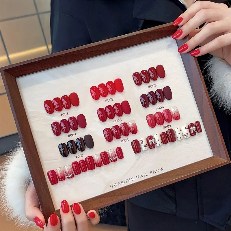 9色ワインレッド粘着性ソリッドネイルポリッシュセット - 新トレンド：トマトレッド、チェリーレッド、ソリッド9グリッドネイルポリッシュ