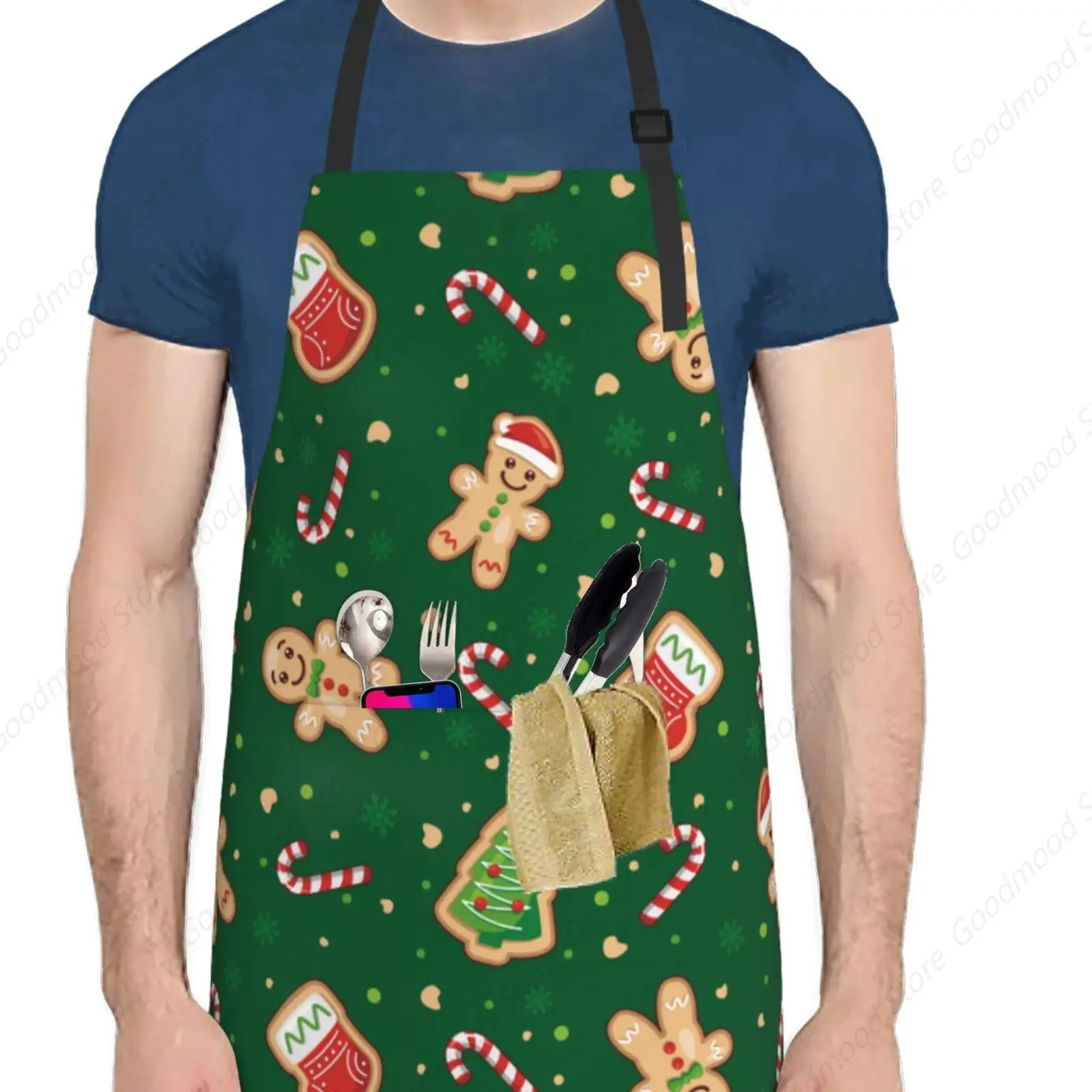 Merry Christmas Candy Canes Green Gingerbread Man Xmas Funny Bbq Adjustable Apron For Women Men Birthday Gifts Grilling Cooking