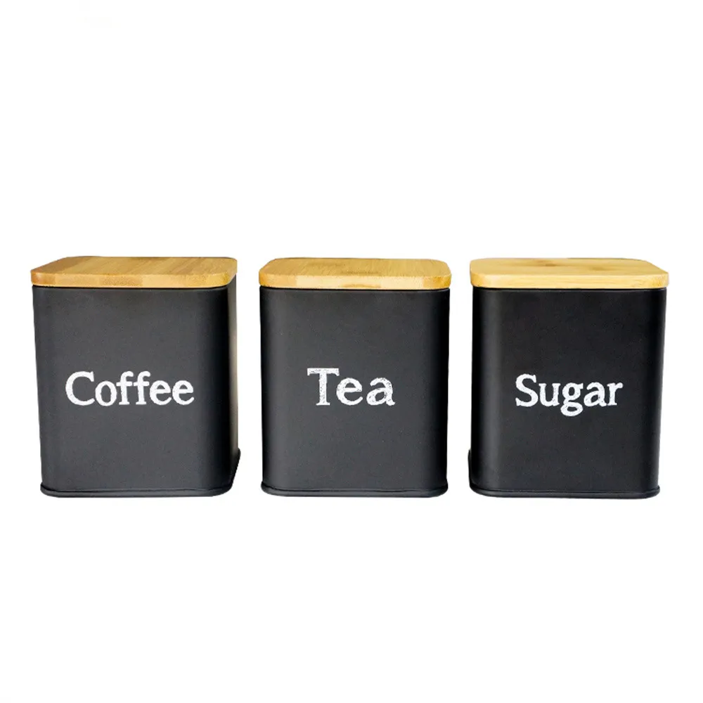 

3 pcs Kitchen Storage Canister Set Coffee Sugar Tea Jars Round Square Tea Biscuit Storage Tank with Bamboo Lid White Black