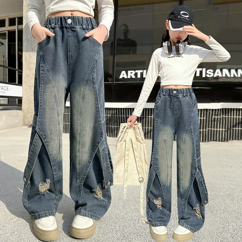 

Spring and Autumn 2025 New Girls' Jeans Big Children's Casual Straight leg wide leg Fashionable Kids Wide leg Pants