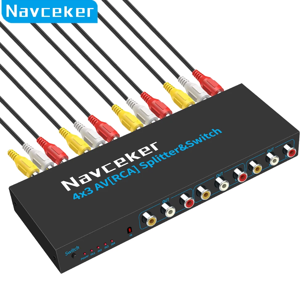 Navceker RCA AV Switch Splitter Box 4 in 3 out AV Audio Video Signal Composite for HDTV LCD DVD 3 RCA Switcher 4 to 1 Selector