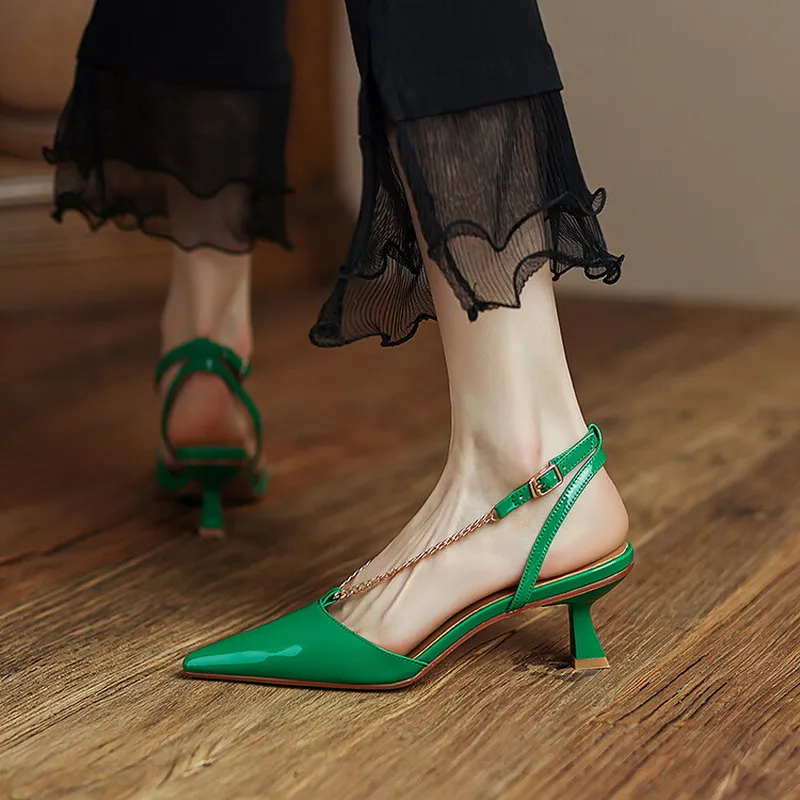 Women Sandals Fashion Pointed Toe Thin Heels Women Patent Leather Sandals Metal Chain Heels Dress Party Summer Hollow Shoes