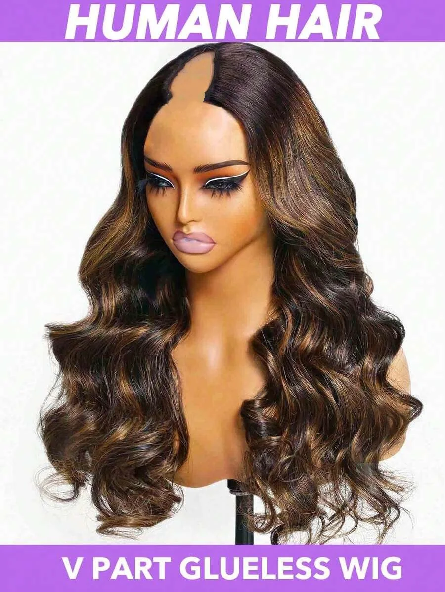 

1B/30 V Part Wig Human Hair Highlights Body Wave 100% Human Hair No Leave Out No Glue Upgrade U Part Human Hair Wig 250% Density