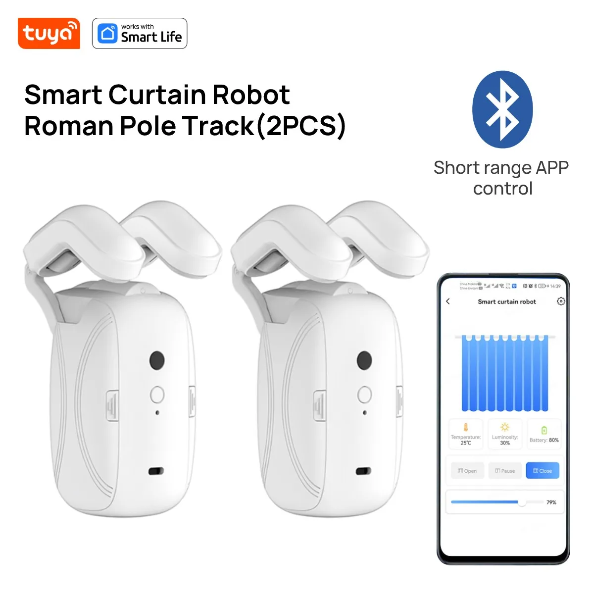 Tuya Smart Curtain Robot Roman Rod Track APP Short-range Control, hand-pull start, light/temperature sensitive closing