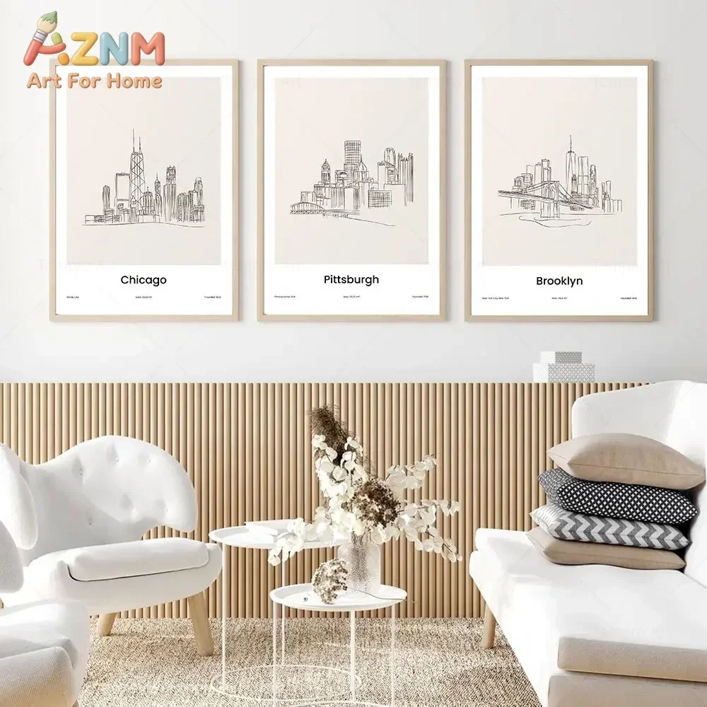 AZNM City Skyline Line Art Canvas Wall Art, Minimalist Toronto Florence Dallas Sketch Print, Unframed Canvas Painting for Office
