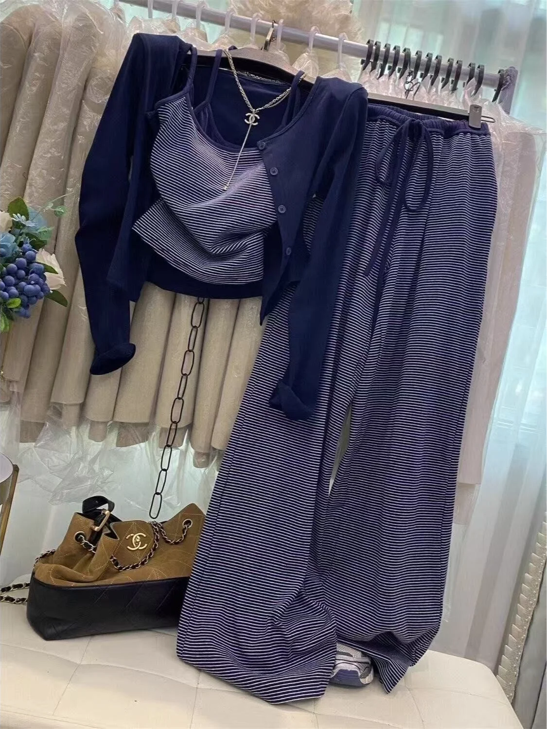 

Retro Striped Casual Wear Three-Piece Set Neck Hanging Vest Wide Leg Pants Open Cardigan High Waist Elastic Long Pants