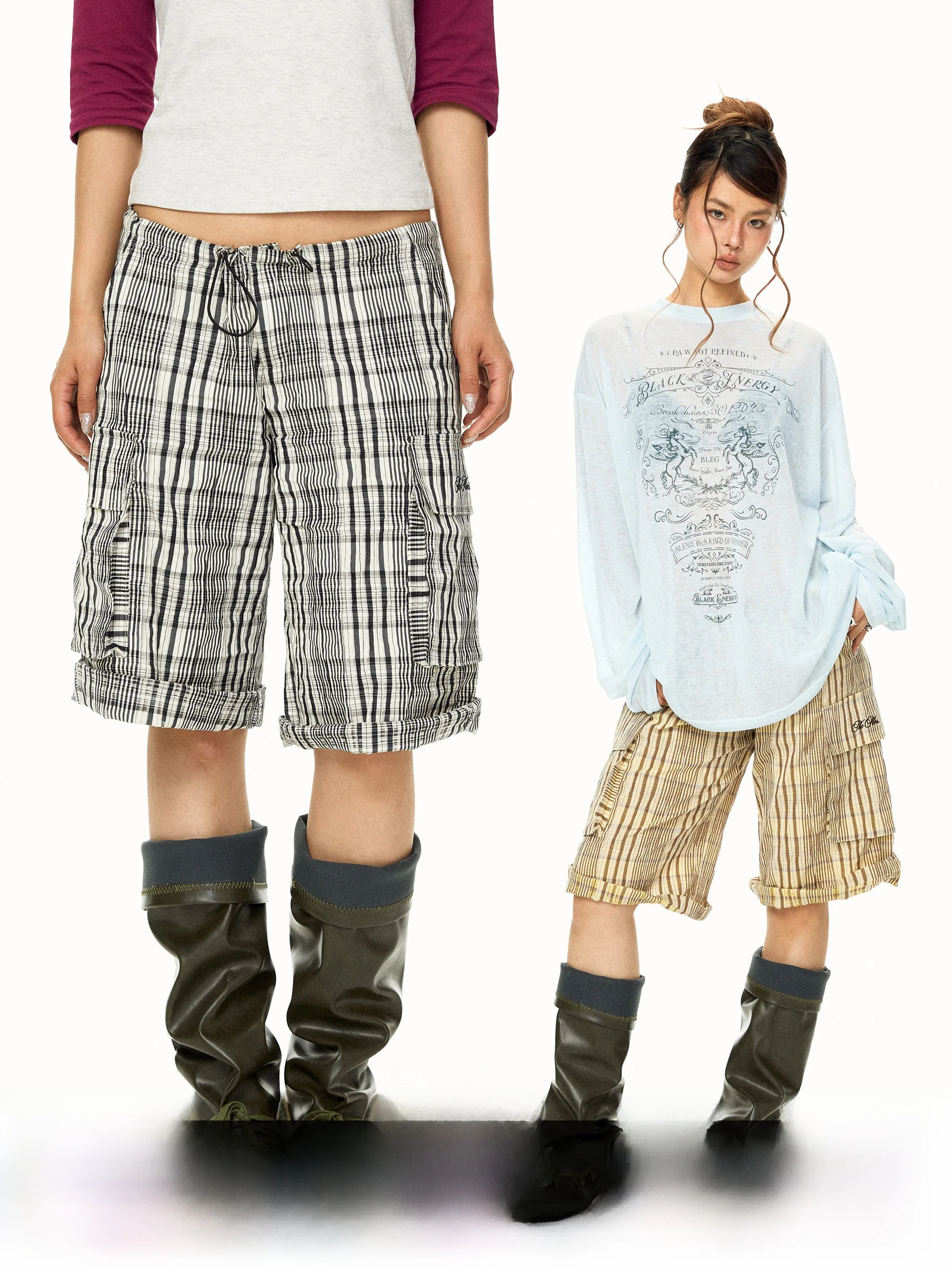 Retro Workwear Drawstring Casual Pants Women Summer Loose Slimming Plaid Multi-Pocket Straight Leg Short Pants
