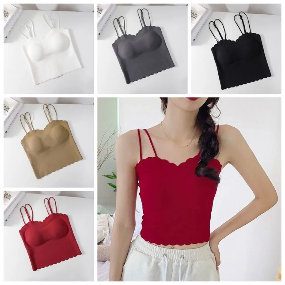 

Traceless Ice Slik Solid Sleeveless Camisole Beauty Back Vest Slim Lace Thin Strap Tank Top Chest Wrapping Korean