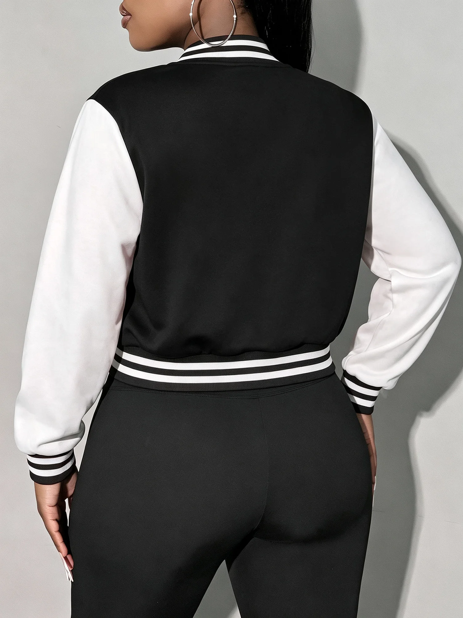 Modischer College-Mantel mit gestreiften Akzenten, kurze Bomberjacke für den urbanen Hip-Hop-Alltagsstil – Detail 7