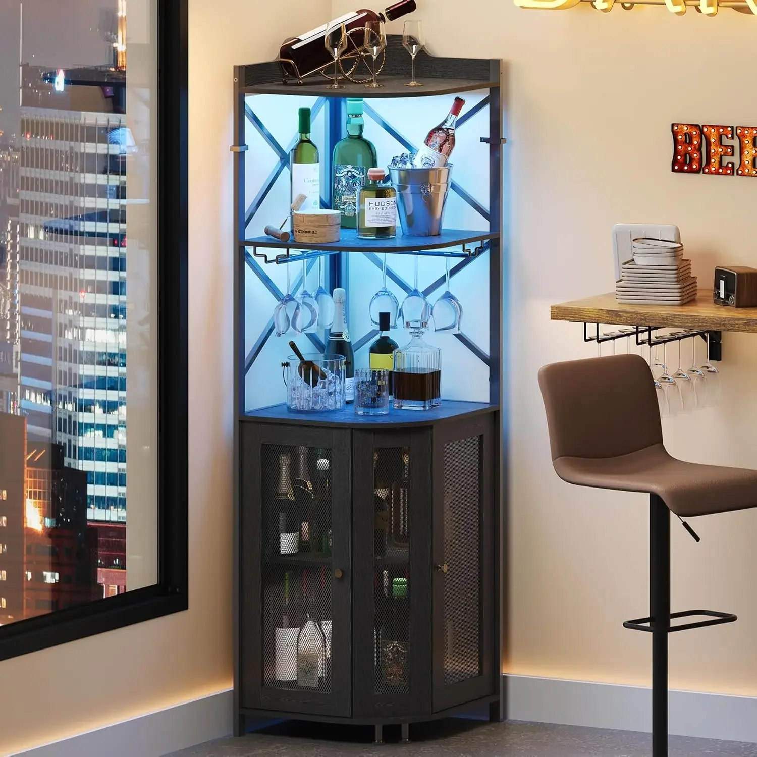 

Corner Bar Cabinet with LED Lights, 5-Tier Industrial Wine Bar Cabinet with Glass Holder, Farmhouse Liquor Cabinets with Shelf a