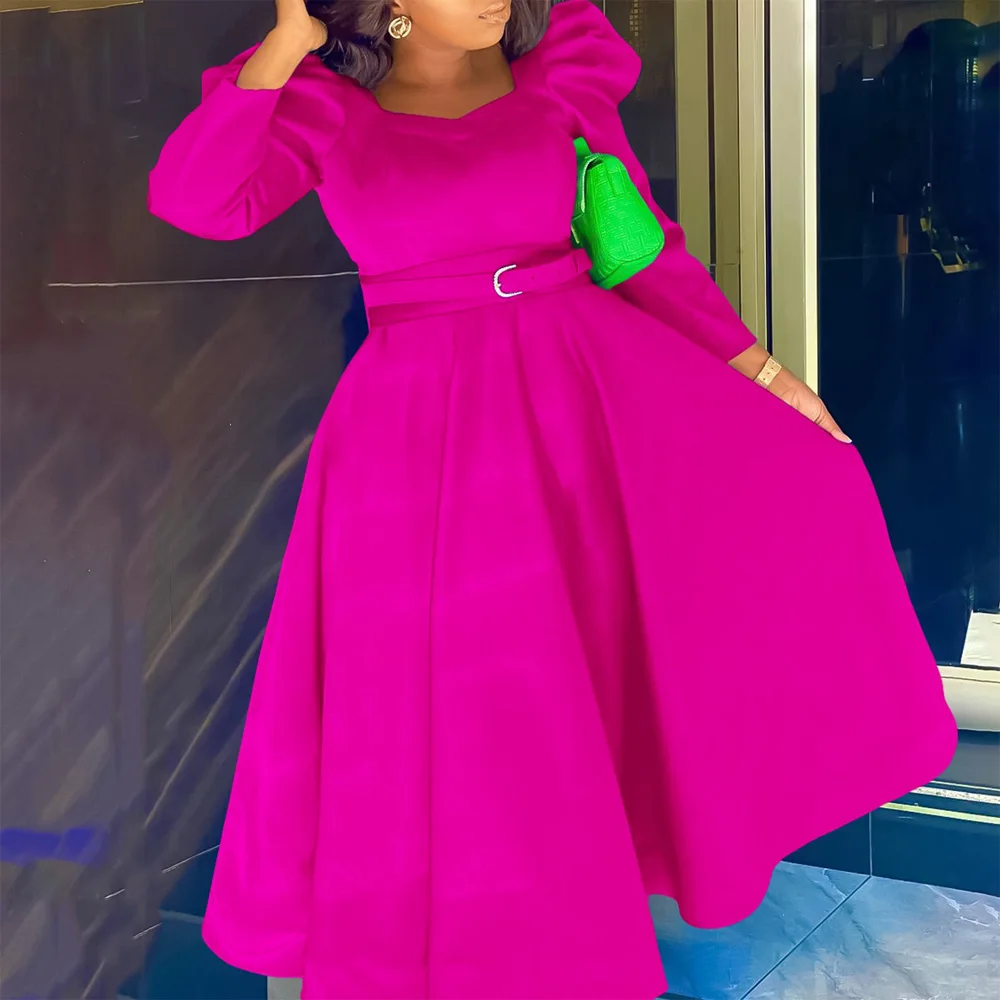 Vestido formal de negócios para mulheres, escritório profissional, elegante, decote em v, manga três quartos, cinto, cintura, meia panturrilha, traje de trabalho