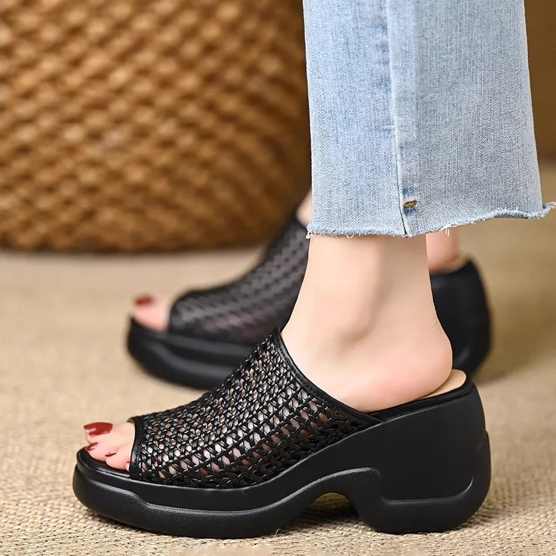 

Summer High Heels Women Slippers Fashion Platform Shoes Designer Weave Mesh Sandals 2025 New Chunky Pumps Dress Zapatillas Mujer