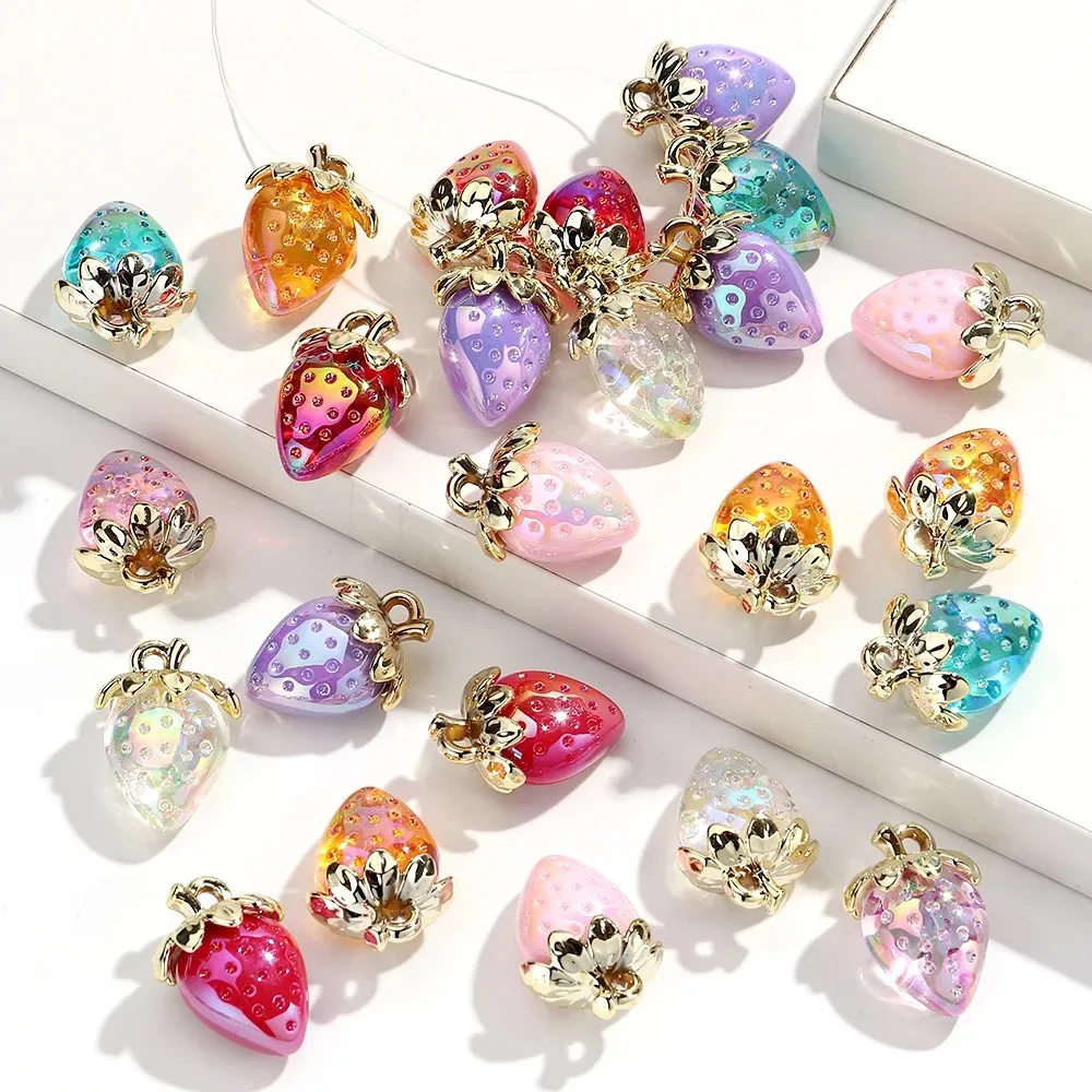 10Pcs Acrylic Strawberry Pendants 3D Fruit Cute Ornament Decoration for Jewelry Making Earrings