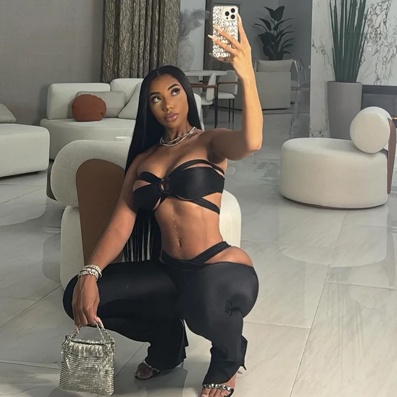 Bandage Sexy Hollow Out 2 Piece Sets Flare Pants Women Luxury Clothes Club Party Black Bikini Top Two Piece Pant Sets Outfits