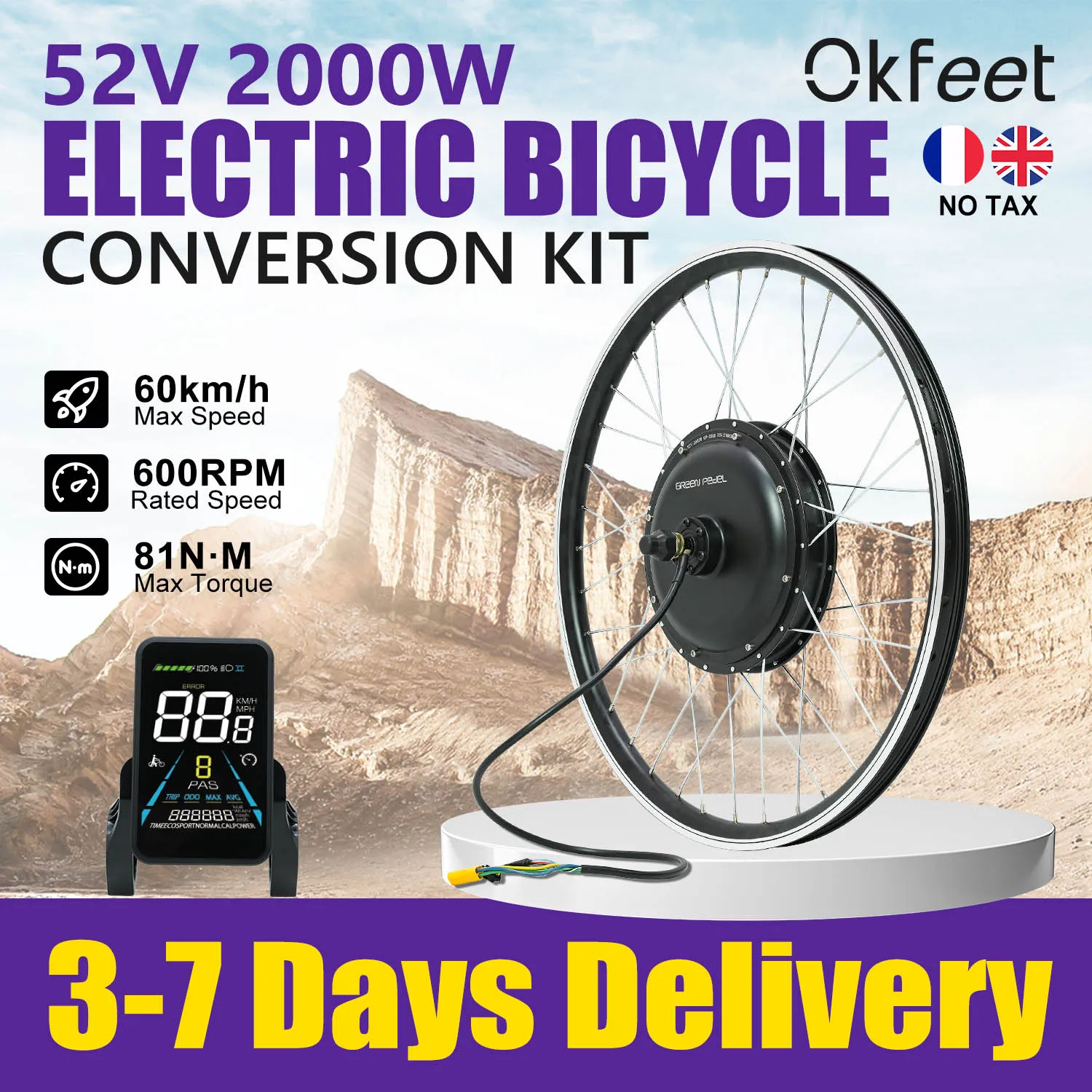 ESOULBIKE 52V 2000W Kit de conversion ebike moteur de moyeu de roue arrière moteur de brosses sans engrenage Kit de Conversion de vélo électrique