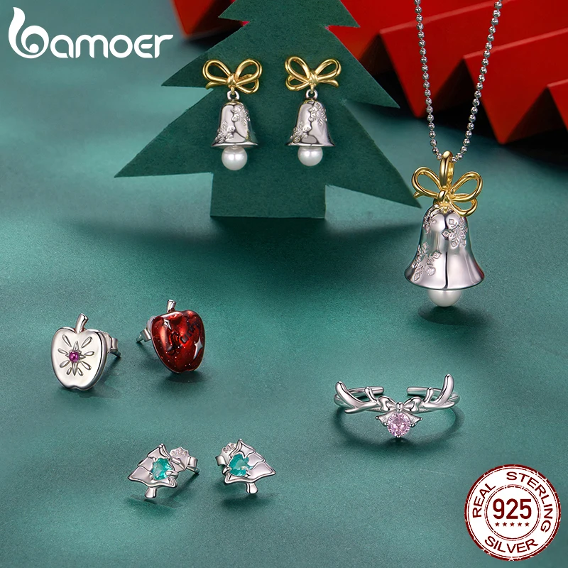 BAMOER 925 sterling zilveren kerstboom oorknopjes, verguld wit goud groen hart CZ piercing oorbellen voor meisjes kerstcadeau