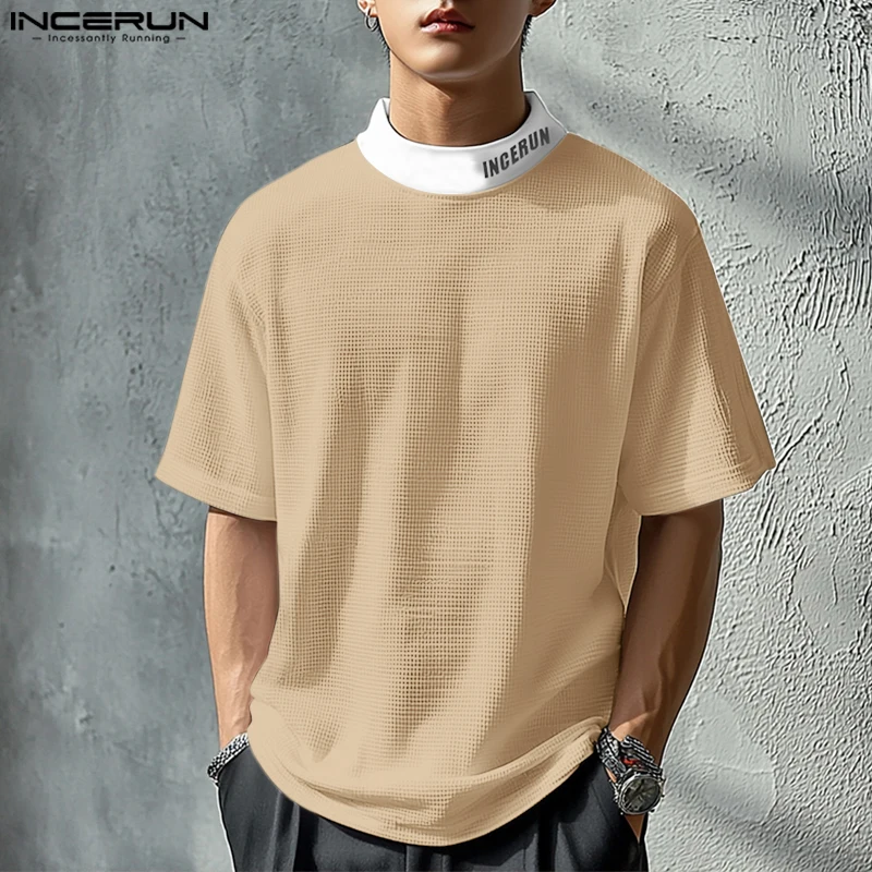 

INCERUN Men T Shirt Patchwork Turtleneck Short Sleeve Male Tee Tops Streetwear Fashion Casual Men Clothing S-5XL Summer 2025