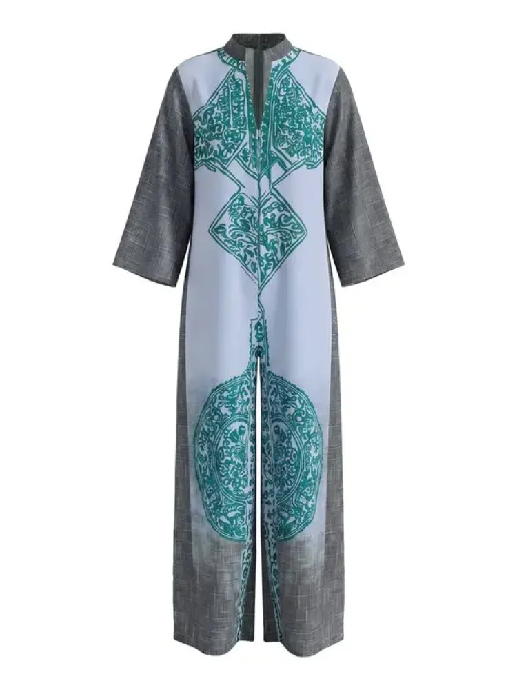 Yeezzi Women Retro Kaftan Wide Leg Jumpsuits 2026 New Ethnic Printed V-Neck 3/4 Sleeves Loose Pockets Casual Vacation Outfits