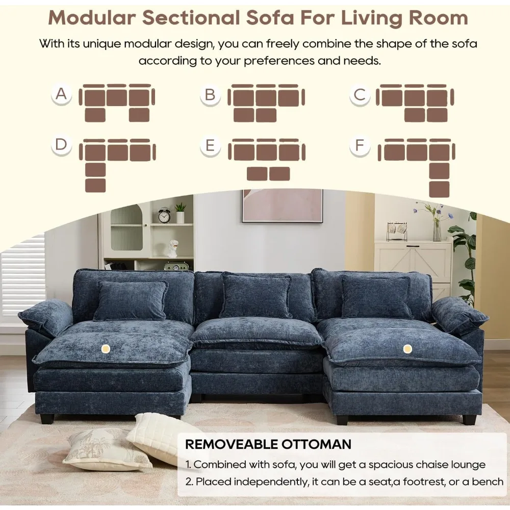 

117" Sectional Sofa Cloud Couch, Modern Chenille U-Shaped Couch Comfy Upholstered 3-Seat Sofa with 2 Ottoman, 3 Lumbar Pillow,