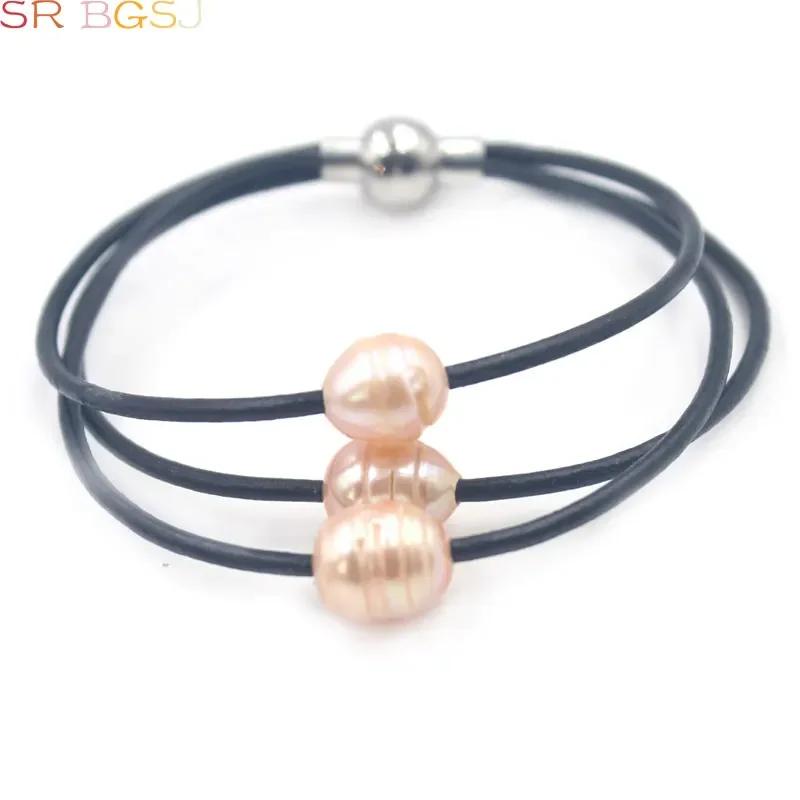 SR 10-12mm Genuine Natural Freshwater Pearl 3-Strand Style Leather Cord Pearl Women Jewelry Bracelet  7.5-8\