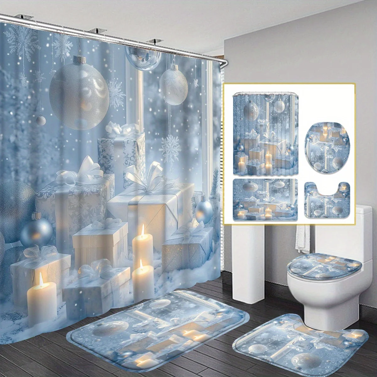 

Рождественский зимний душевой набор из 4 предметов, белая, серебряная подарочная коробка с принтом, 12 крючков, нескользящий коврик, U-образный чехол для сиденья, чехол для унитаза, праздничный декор