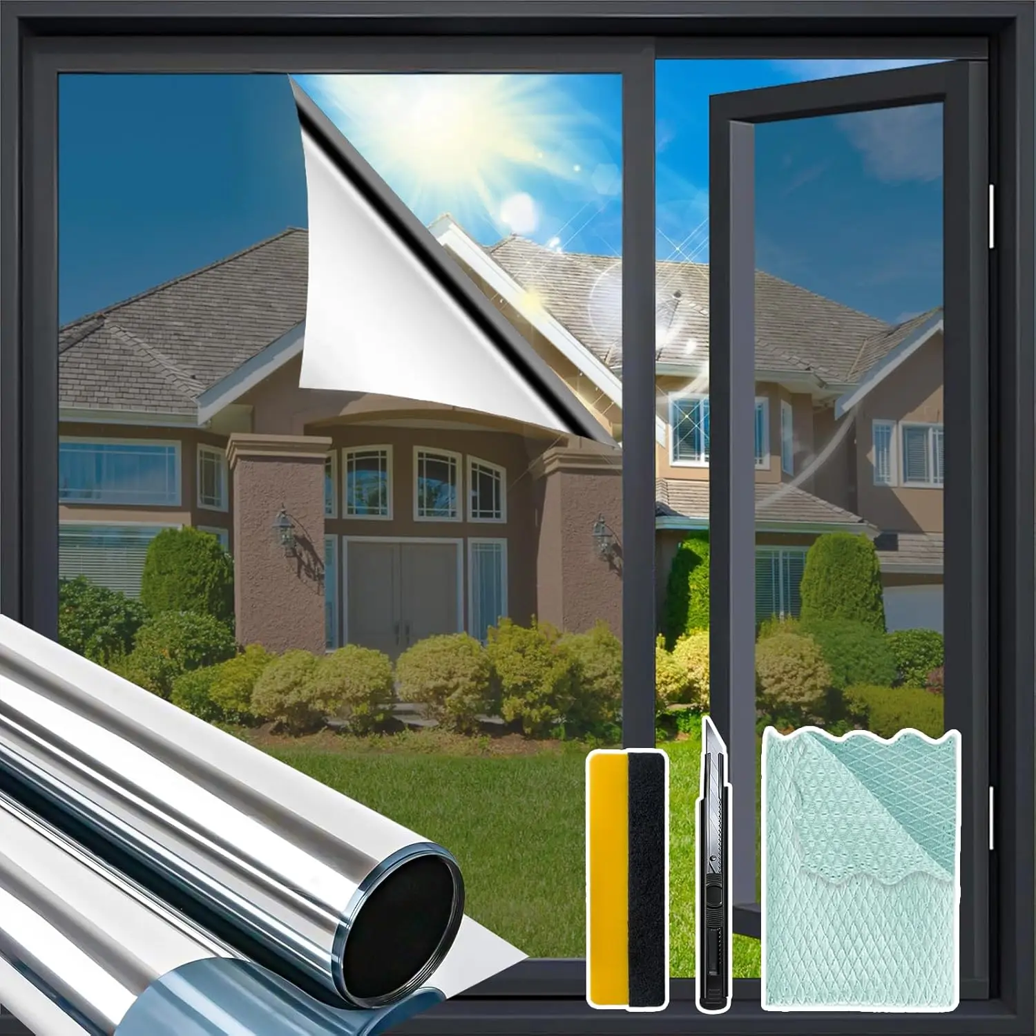 

One Way Privacy Window Film, 35.4x157.4 Inch Reflective Tint for Home, Heat Blocking Anti UV Mirror Silver with Free Kit