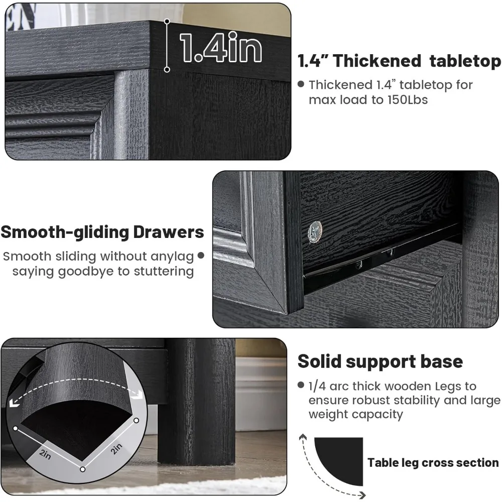 منضدة سوداء ريفية ذات درجين مع مقابض معدنية ذهبية لغرف النوم على طراز المزرعة