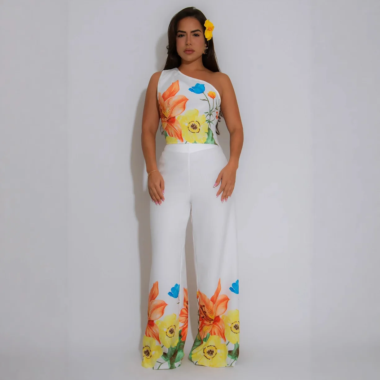 أزياء المرأة البدلة اقتصاص أعلى مائل الكتف سليم صالح الأزهار طباعة عطلة السراويل المستقيمة 2 قطعة مجموعة للإناث #4