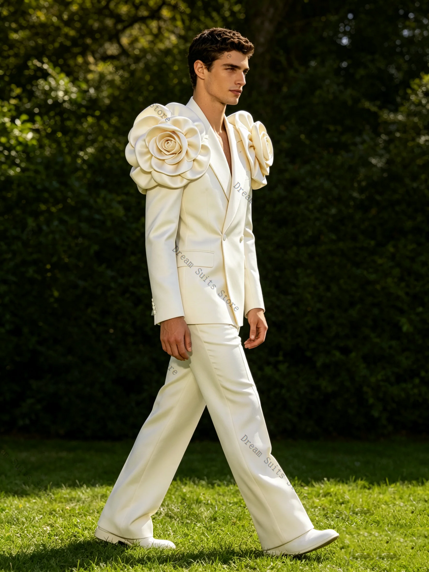 

White Men Suit Set 2 Pcs Blazer+Pants Trousers 3D Flower Cotton Customized Formal Office Jacket Wedding Tuxedos Prom Coat