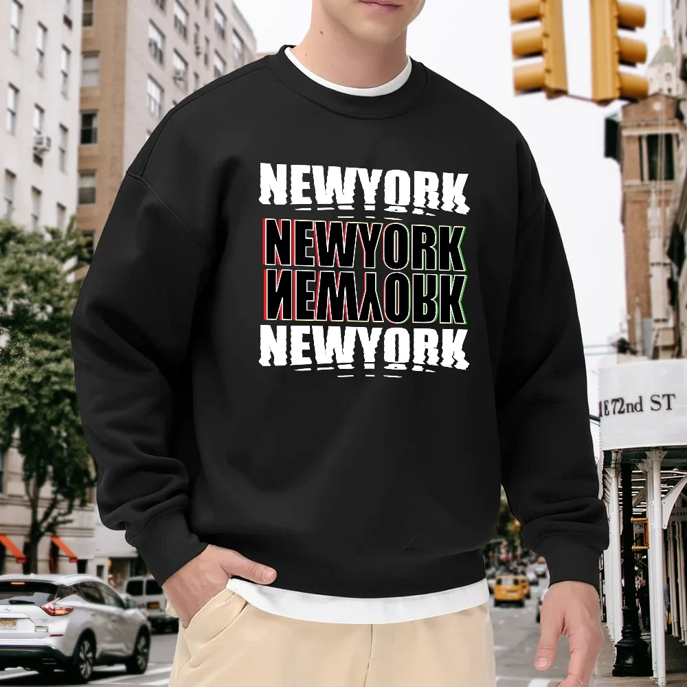 

Men's Black Crew Neck Loose Sweatshirt with New York Letter Print, Street Style Top, Casual Versatile Comfortable Trendy Pullover, Suitable for Daily Outings, Sports, and Commuting