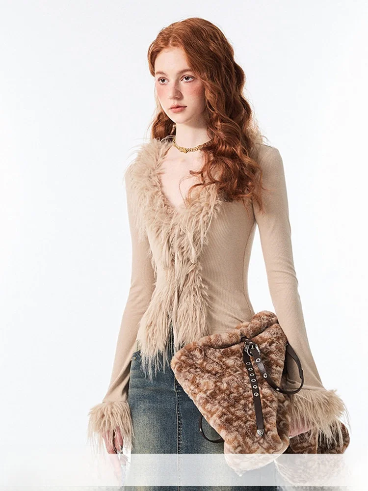 

JINN STUDIO Autumn Winter V-ne Tassel Knitted Sweater Thin Long Sve Women's Slim Fit Inner Wear Casual Sle Top