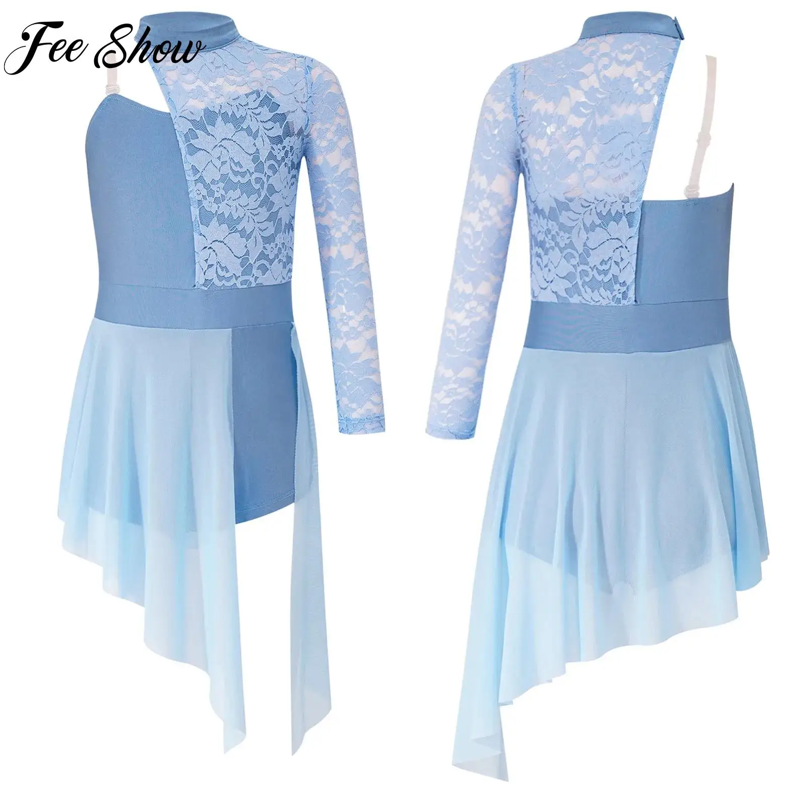 

Child Ballet Lyrical Modern Contemporary Dance Dress Girls One Shoulder Lace Ballet Gymnastic Figure Ice Skating Stage Costumes