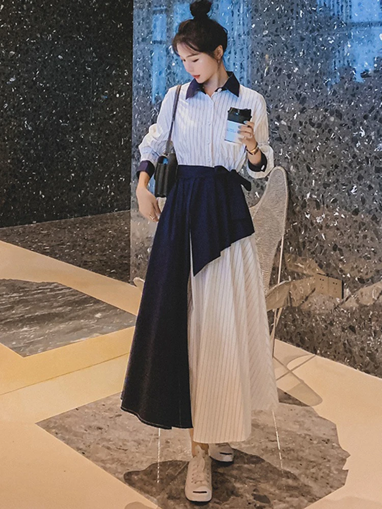 LANMREM Korean Style Women's Dress Contrast Color Striped Patchwork Belt Gathered Waist A-line Dresses Fashion 2024 New 2AA5161