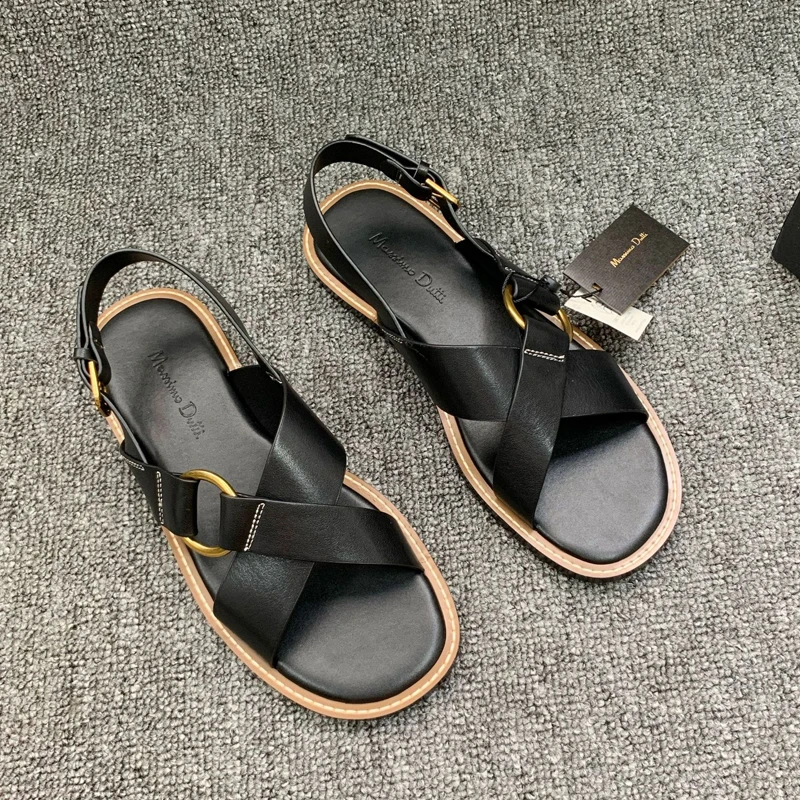 2024 Zomer Engeland Stijl Echt Lederen Vrouwen Sandalen Gekruiste Bandjes Gladiator Sandalen Voor Vrouwen Gouden Gesp Platte Sandalen Vrouwen