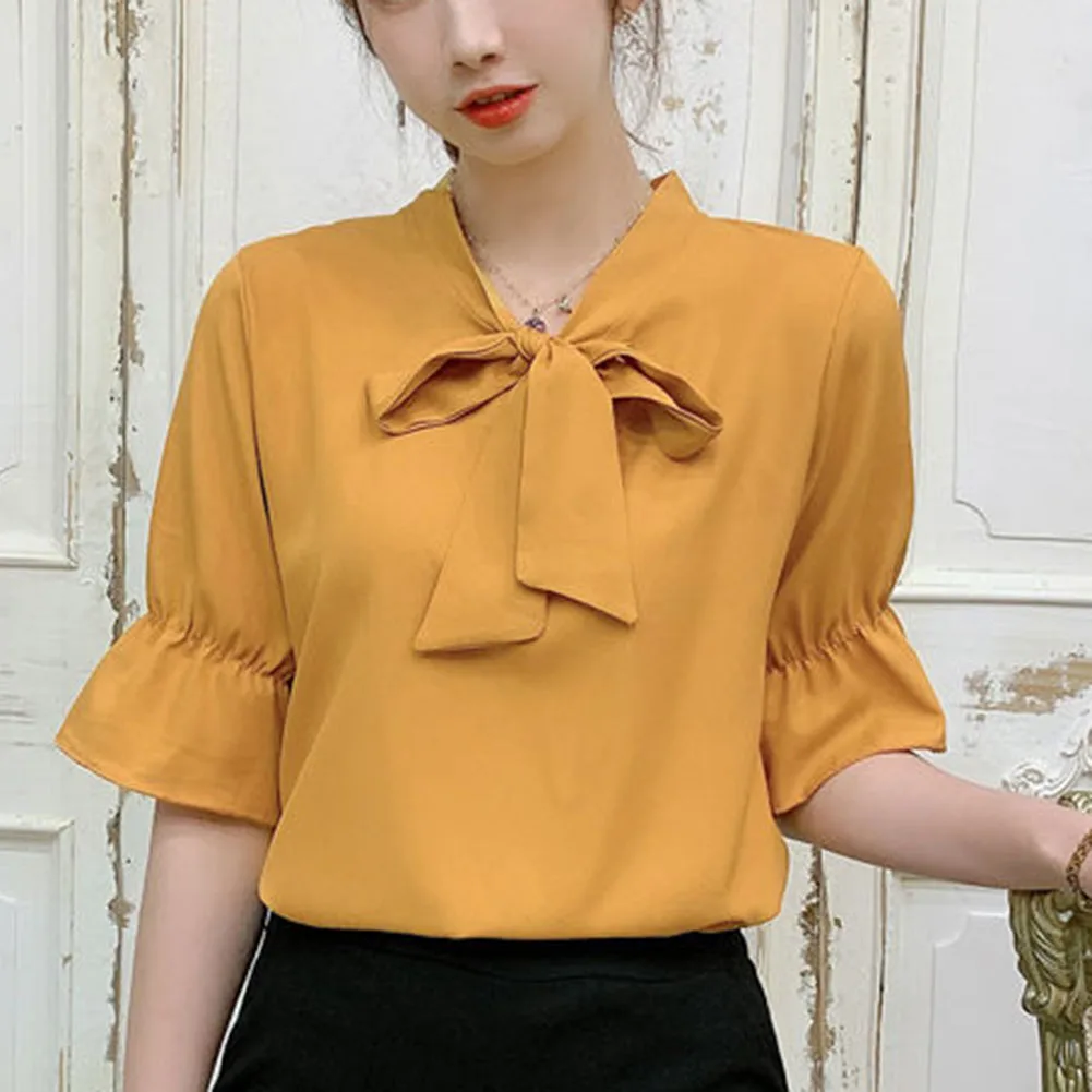 

Oversized Elegant Bow Solid Color V-neck Short Sleeve Blouse Ladies All-match Lacing Chiffon Shirts Women Clothes Pleated Tops