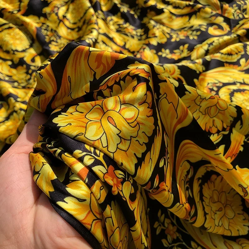 Golden Imitation Silk Stretch Satin Brand Printed Fabric High Quality Champa Flower Garment Textile DIY Sewing Cloth Wholesale