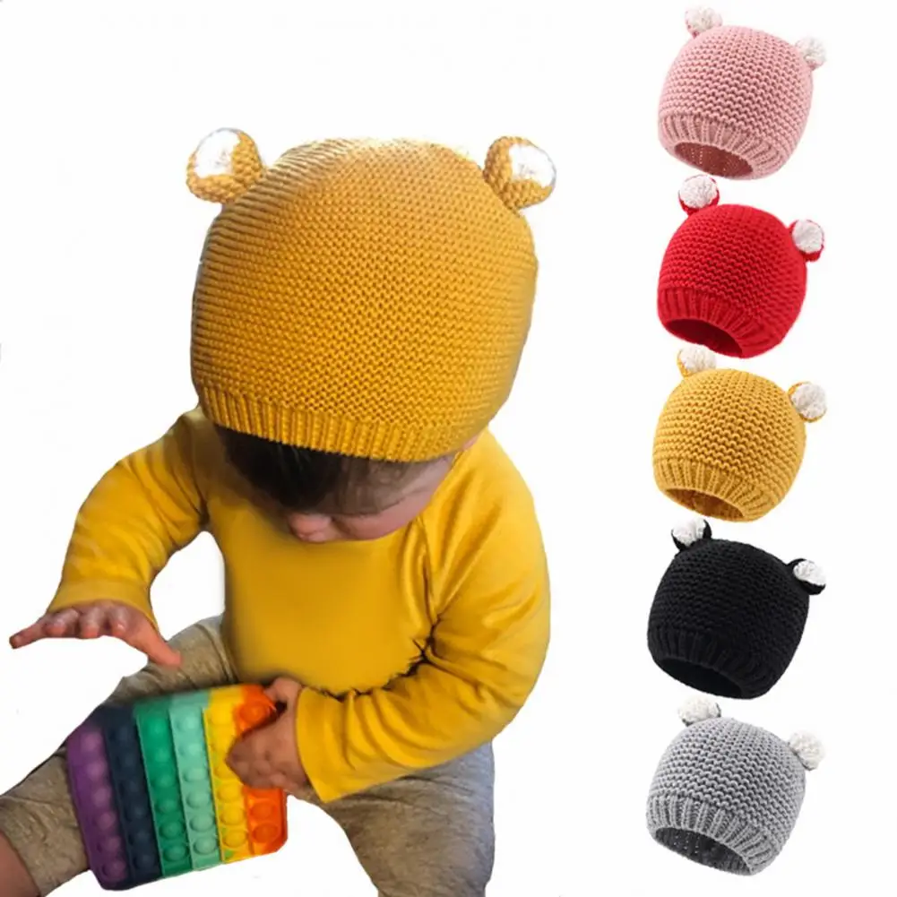 Elastic Kids Beanie Cozy Cartoon Bear Ear Kids Beanie Hat for Autumn Winter Windproof Knitted Oversized Children Hat with Warm