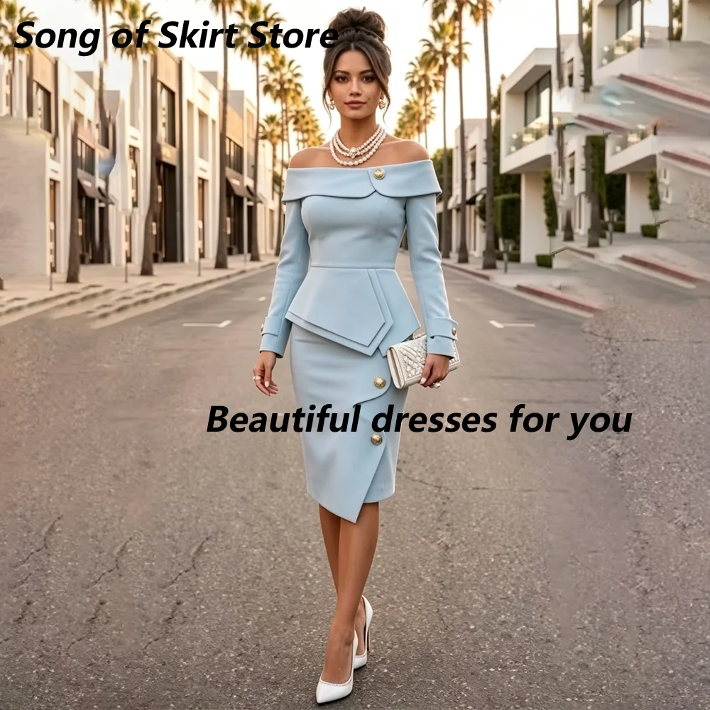 Light Blue Mother of The Bride Dress Off Shoulder Peplum Formal Suit Elegant Wedding Guest Evening Dress for Women Customized