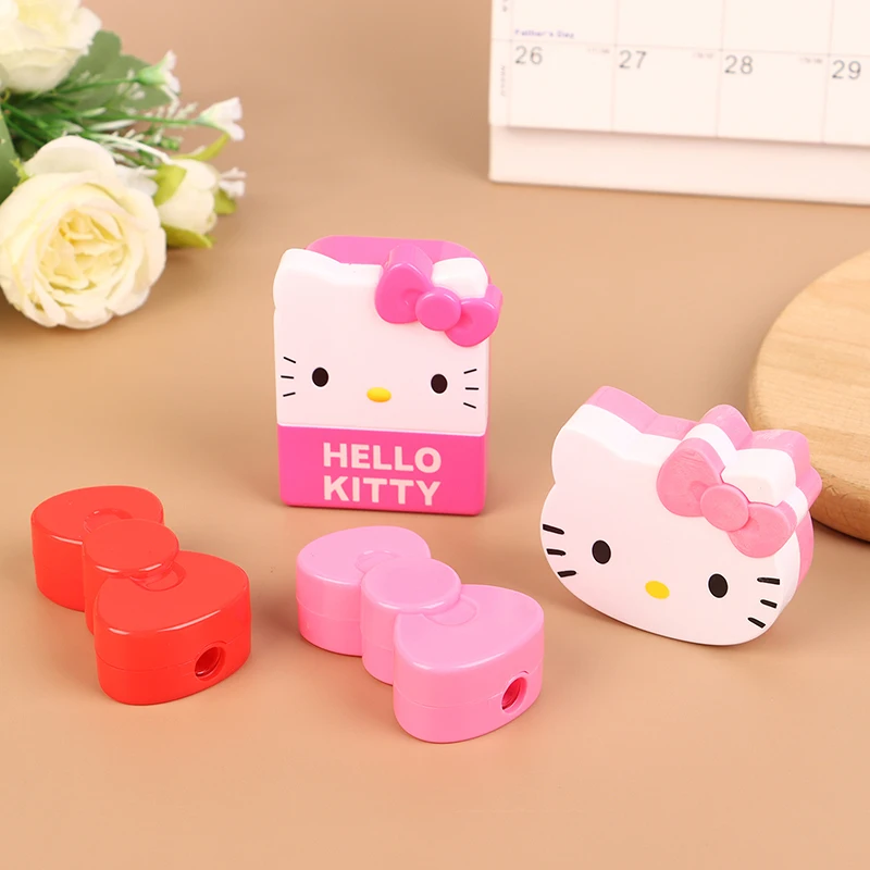 Kawaii Hello Kitty Double Hole Pencil Sharpener Sanrio Anime Bow Tie Kitty Shape Pencil Sharpening Tool Students School Supplies