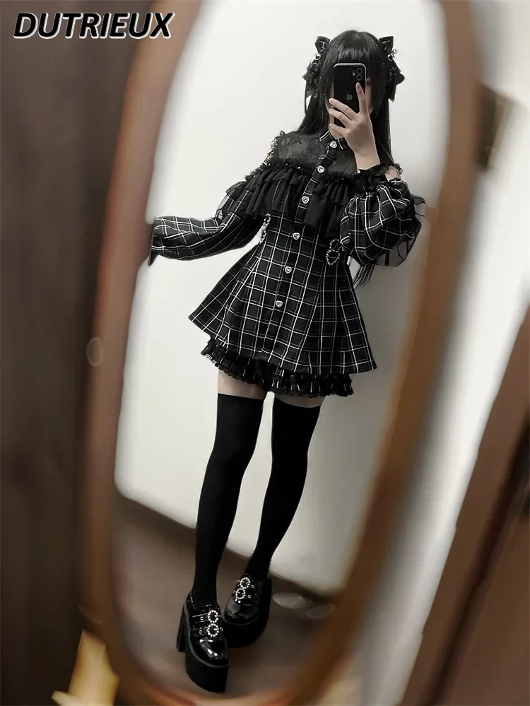 Mine Series Mass-produced Original Japanese Off-shoulder Cape Long-sleeved Top Black Single-breasted Sweet Shirt and Shorts Set