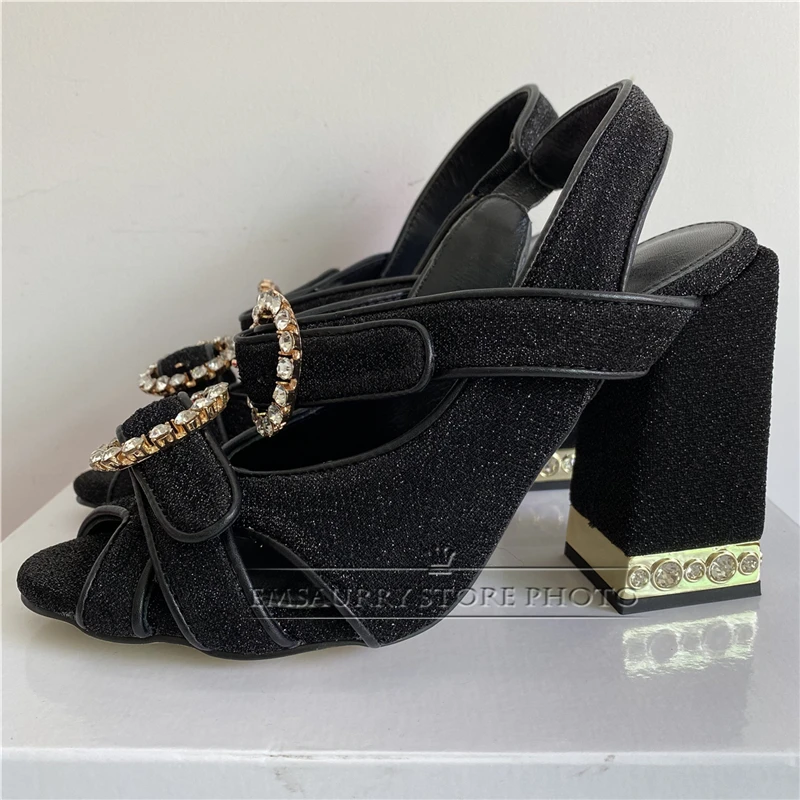 Round Crystal Buckle Gladiator Sandals Women Sexy Peep Toe Rhinestone High Heel Luxury Velvet Chic Summer Shoes Woman