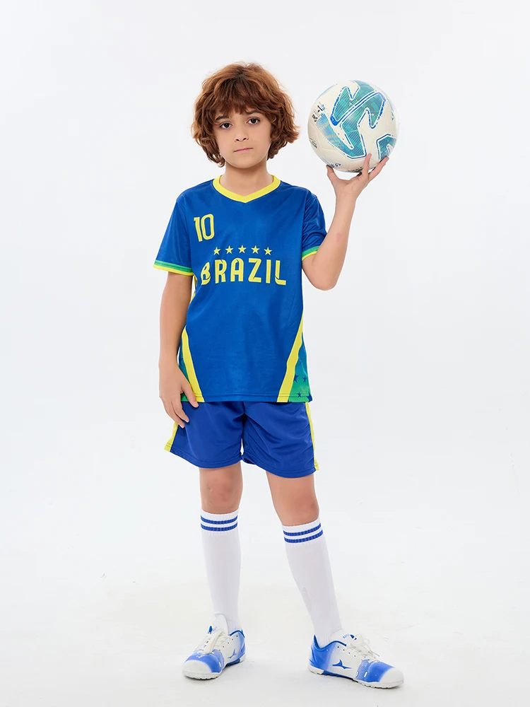 Yingruida Bule Brazil NO.10 Away Soccer Jersey for Boy & Girl Colorful Fashion Summer Short Uniform Set Wear of Playing Training