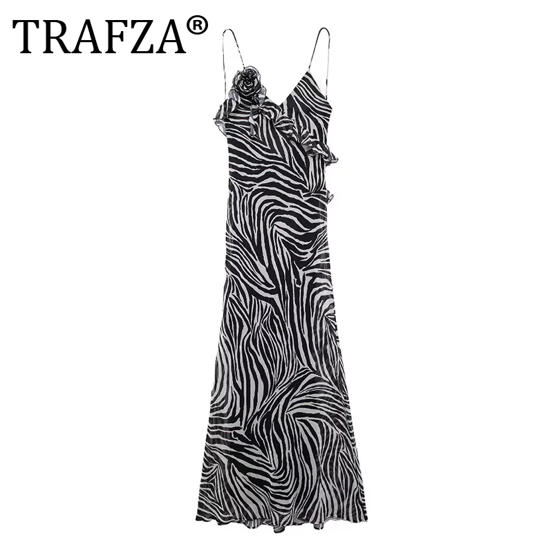 TRAFZA Vintage Sexy Women Dress Flower Zebra Stripes Appliques Long Cami Dress Fashion 2024Summer Elegant Party Dress