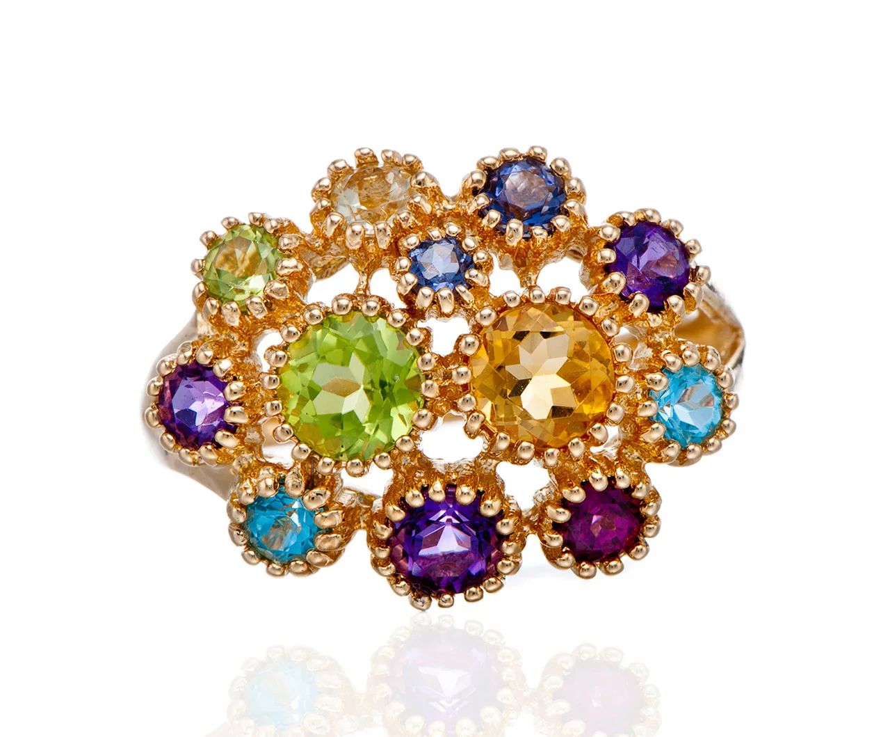 

Цитрин, перидот, аметист, швейцарский синий топаз, желтый лимонный кварц, гранат, изонит, желтое золото 18 карат поверх стерлингового серебра, кольцо 1,85 карата