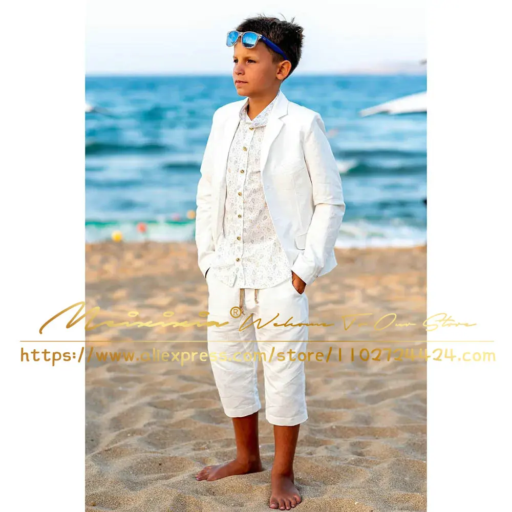 Summer Linen Suit for Boy Fashion Notch Lapel Single Breasted 2 Piece Formal Casual Beach Costume Wedding Tuxedo Kids Clothes