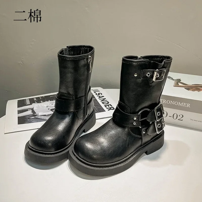 Round Toe Platform Kid Boot 2023 Autumn/Winter British Boy Leather Boot Fashion Girl Knight Boot Mid Size Ankle Boot Kid Shoe 부츠